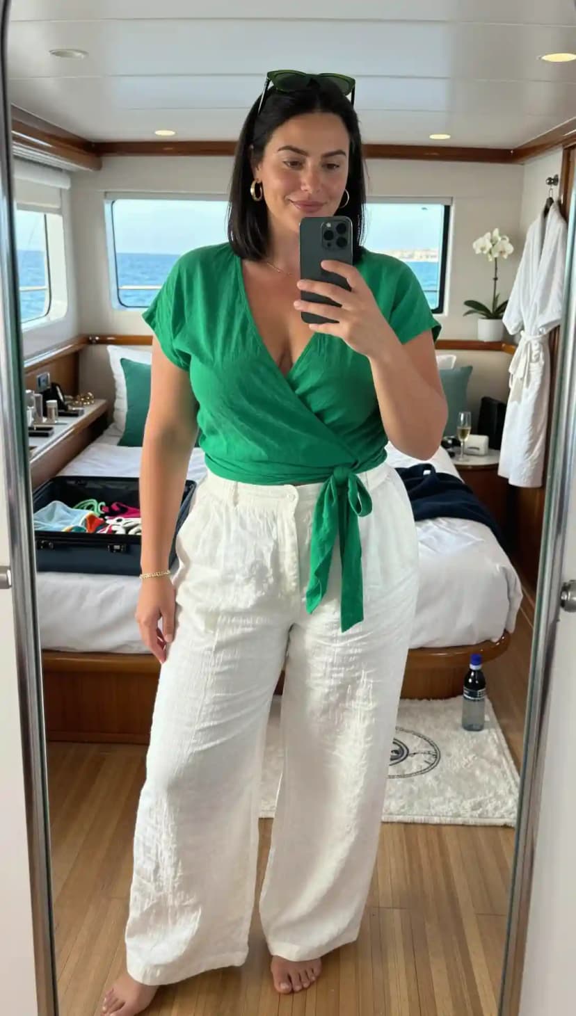 Green Linen Wrap Top + White Linen Wide-Leg Pants