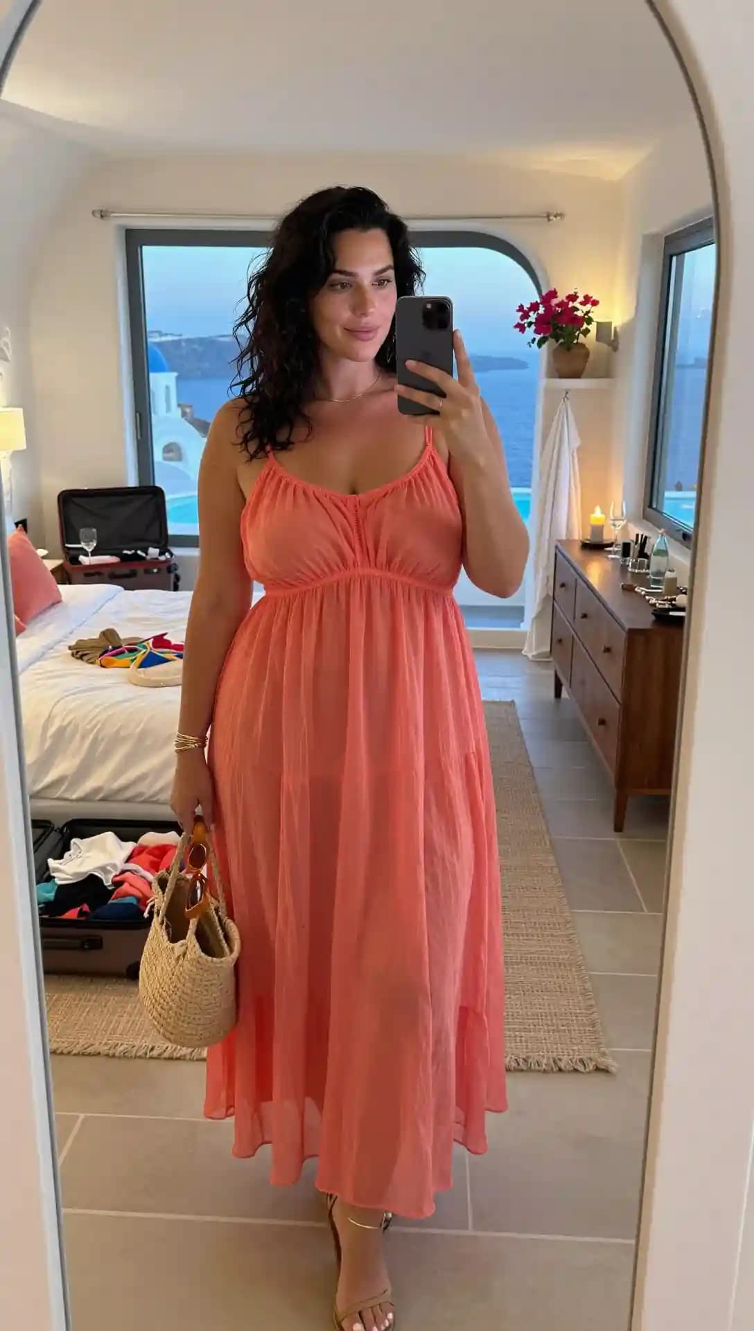Coral Gauze Maxi Dress + Tan Strappy Heels