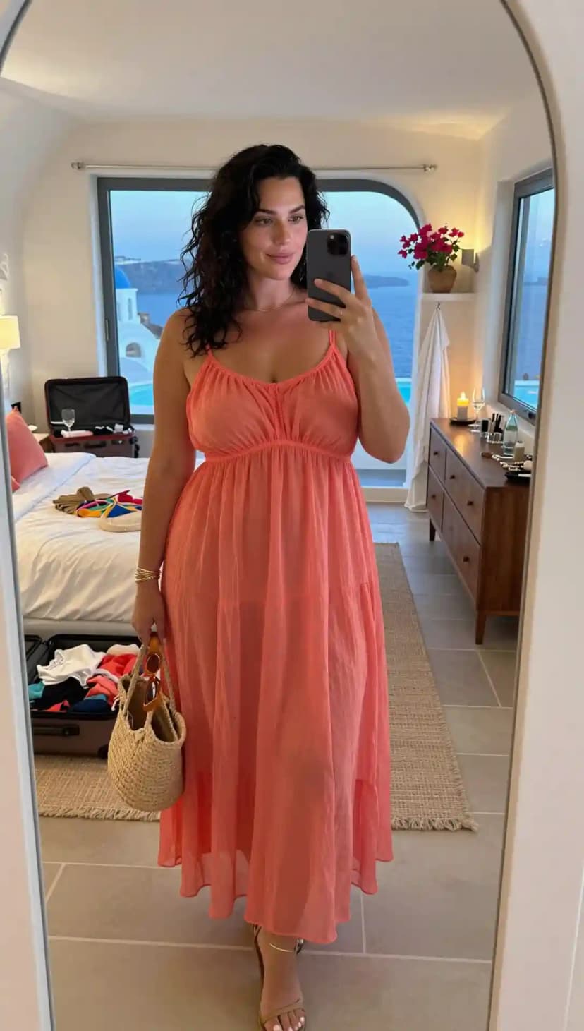 Coral Gauze Maxi Dress + Tan Strappy Heels