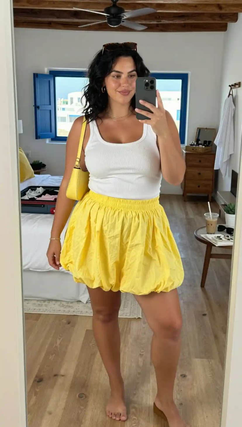 White Ribbed Tank Top + Yellow Bubble Skirt