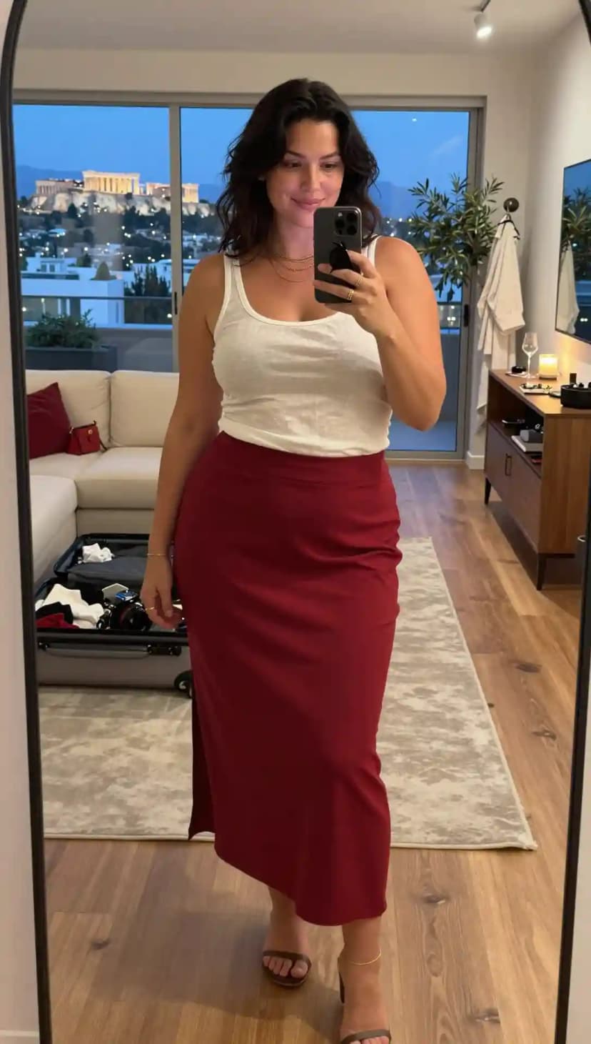 White Linen Tank Top + Burgundy Satin Maxi Skirt