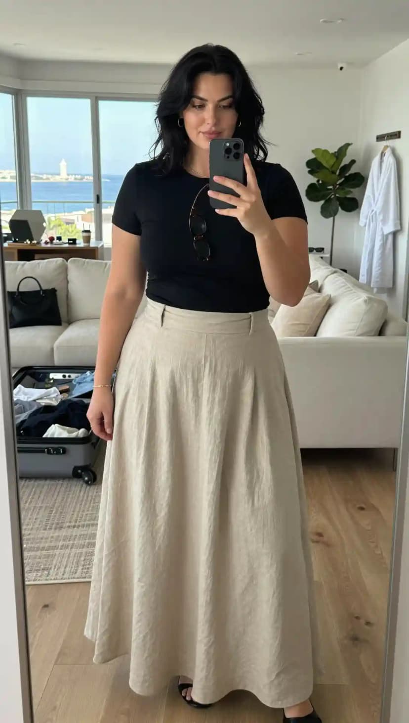 Black Cotton T-Shirt + Beige Linen Maxi Skirt