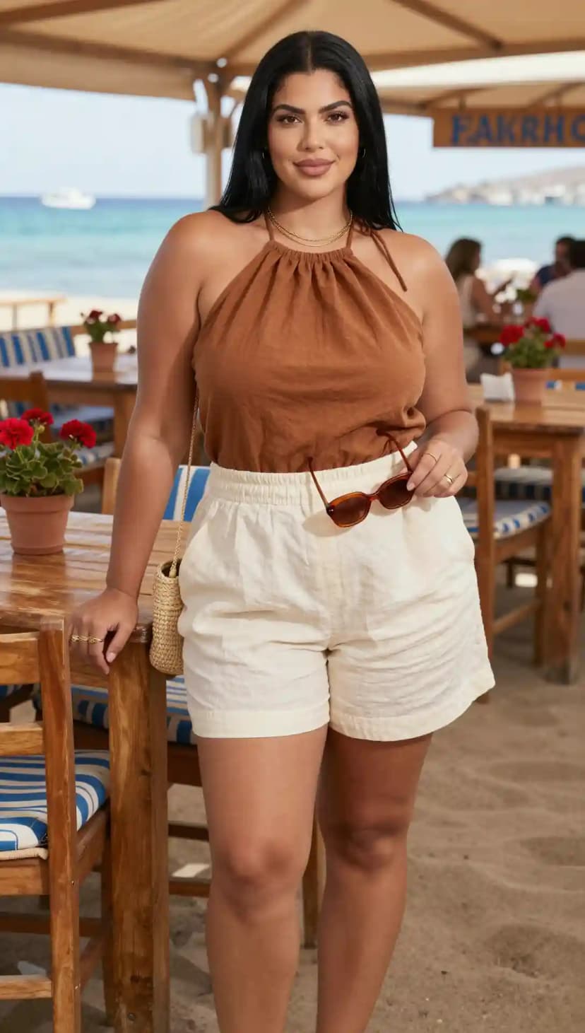 Brown Linen Halter Top + Cream Linen Shorts