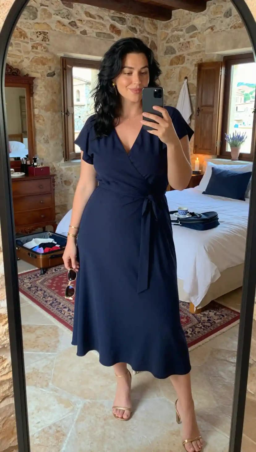 Navy Jersey Wrap Dress + Gold Strappy Heels