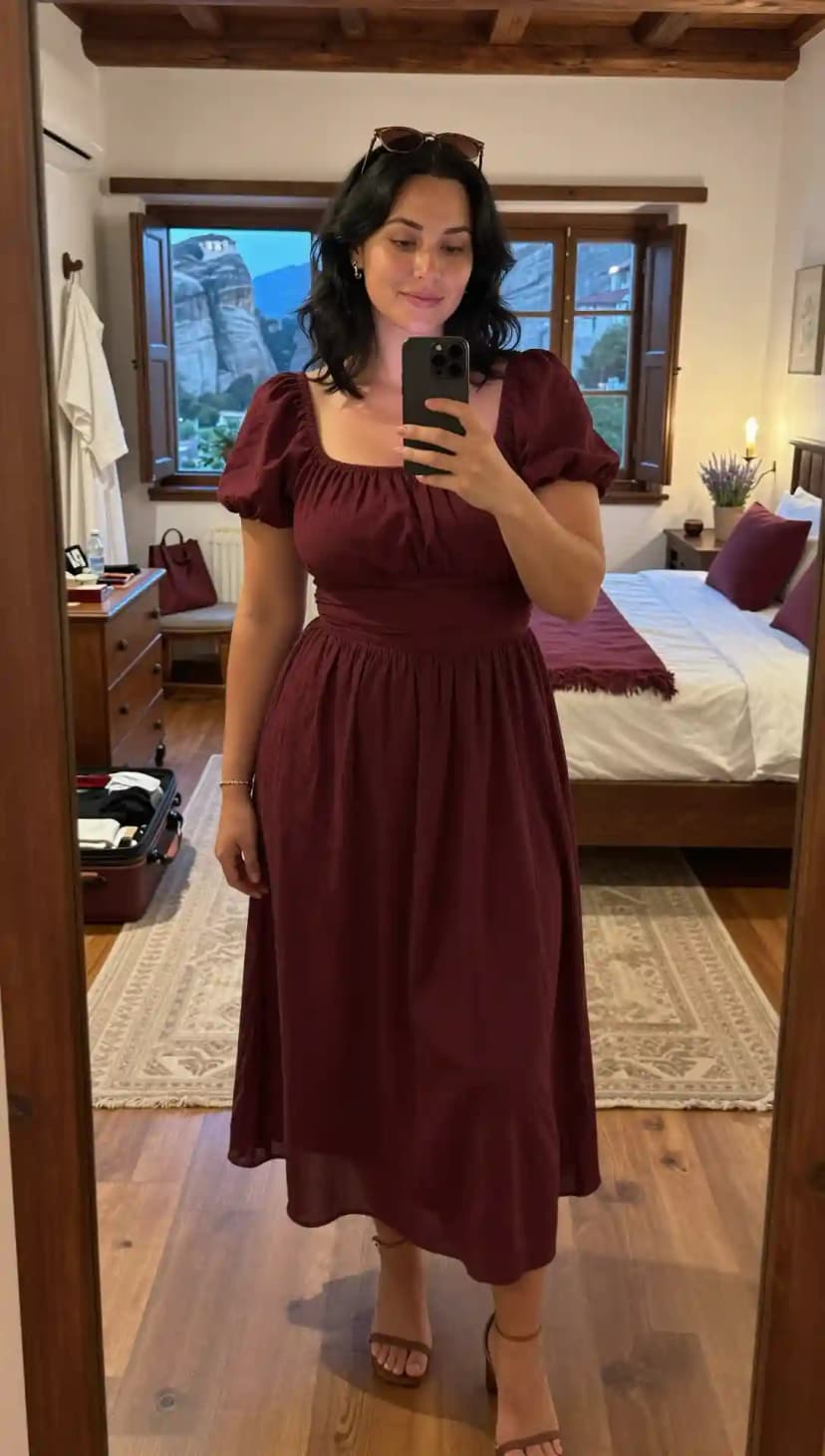 Burgundy Cotton Midi Dress