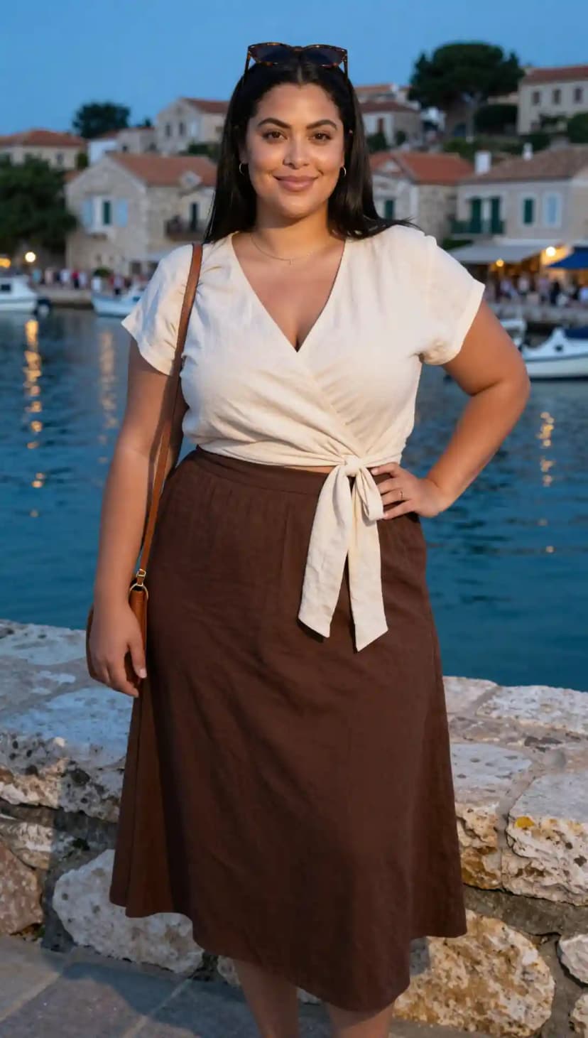 Cream Linen Wrap Top + Brown Linen Midi Skirt