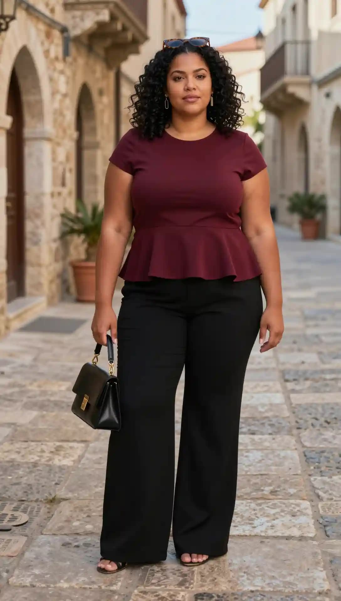 Burgundy Peplum Top + Black Wide-Leg Trousers