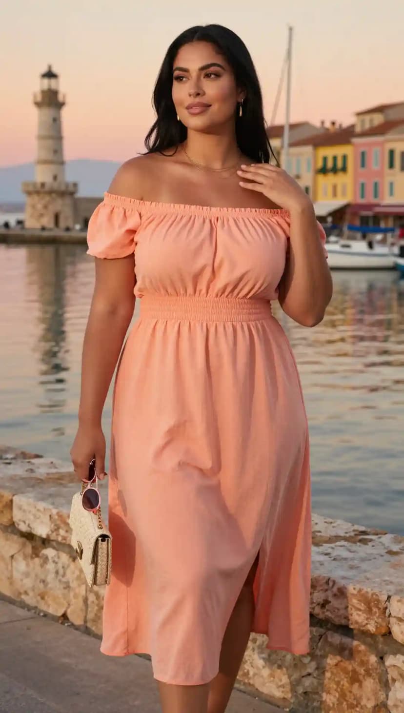 Peach Off-The-Shoulder Cotton Midi Dress