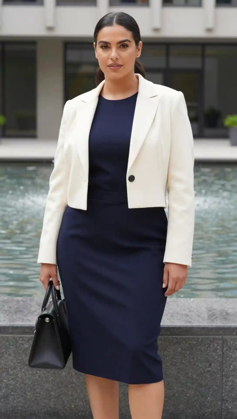 Navy Sheath Dress + Cream Cropped Blazer