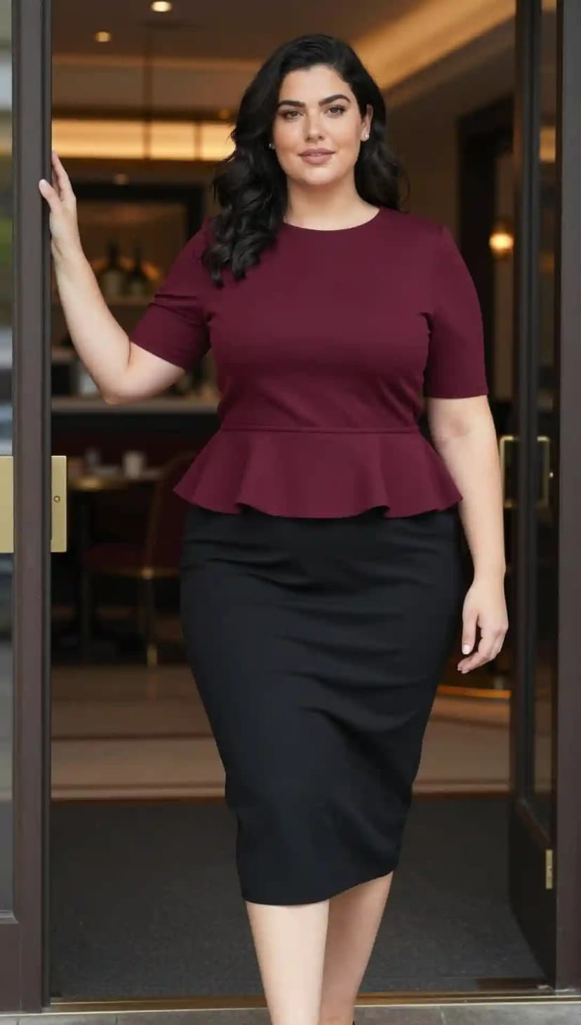 Maroon Peplum Top + Black Pencil Skirt