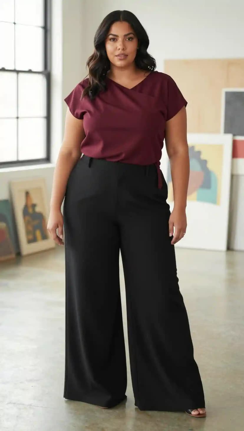 Burgundy Draped Top + Black Wide-Leg Trousers