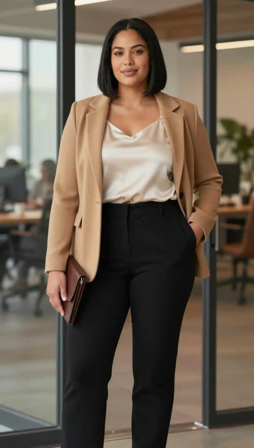 Camel Blazer + Cream Camisole + Black Trousers