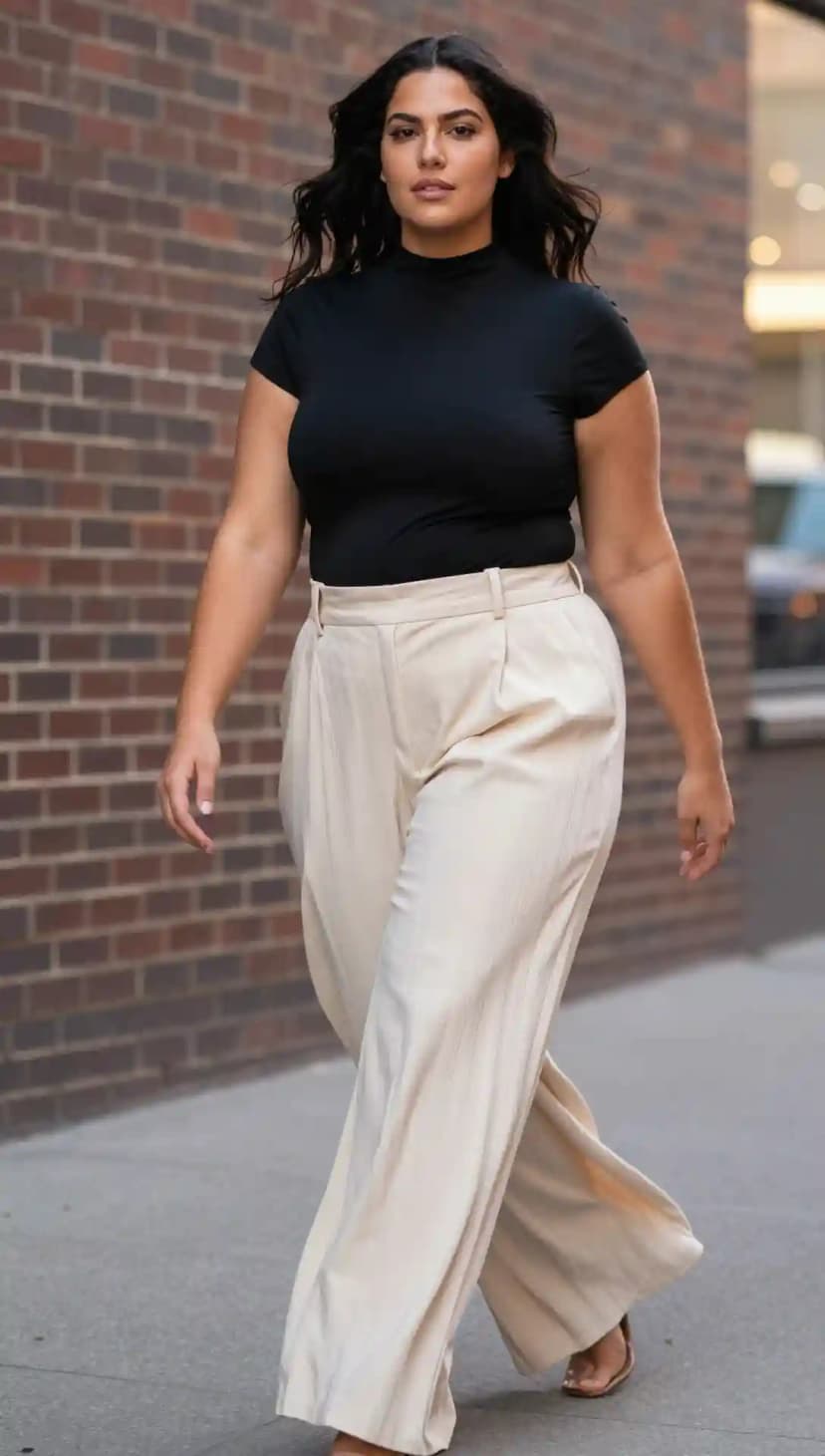 Black Mock Neck Top + Beige Wide-Leg Trousers