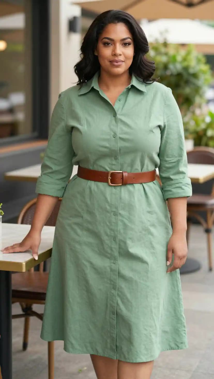 Sage Green Shirt Dress + Brown Leather Belt