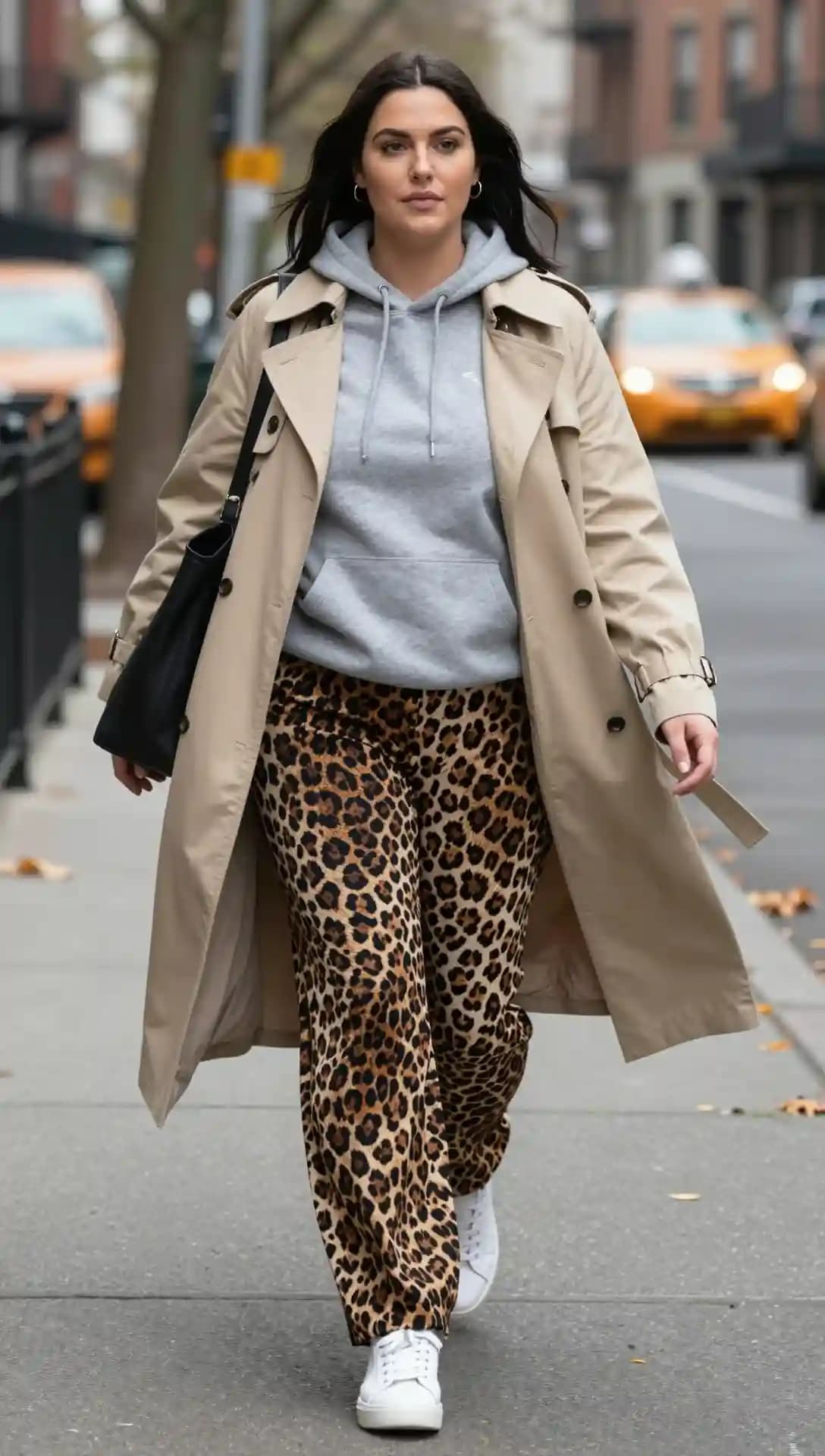 Trench Coat + Grey Hoodie + Leopard Print Pants