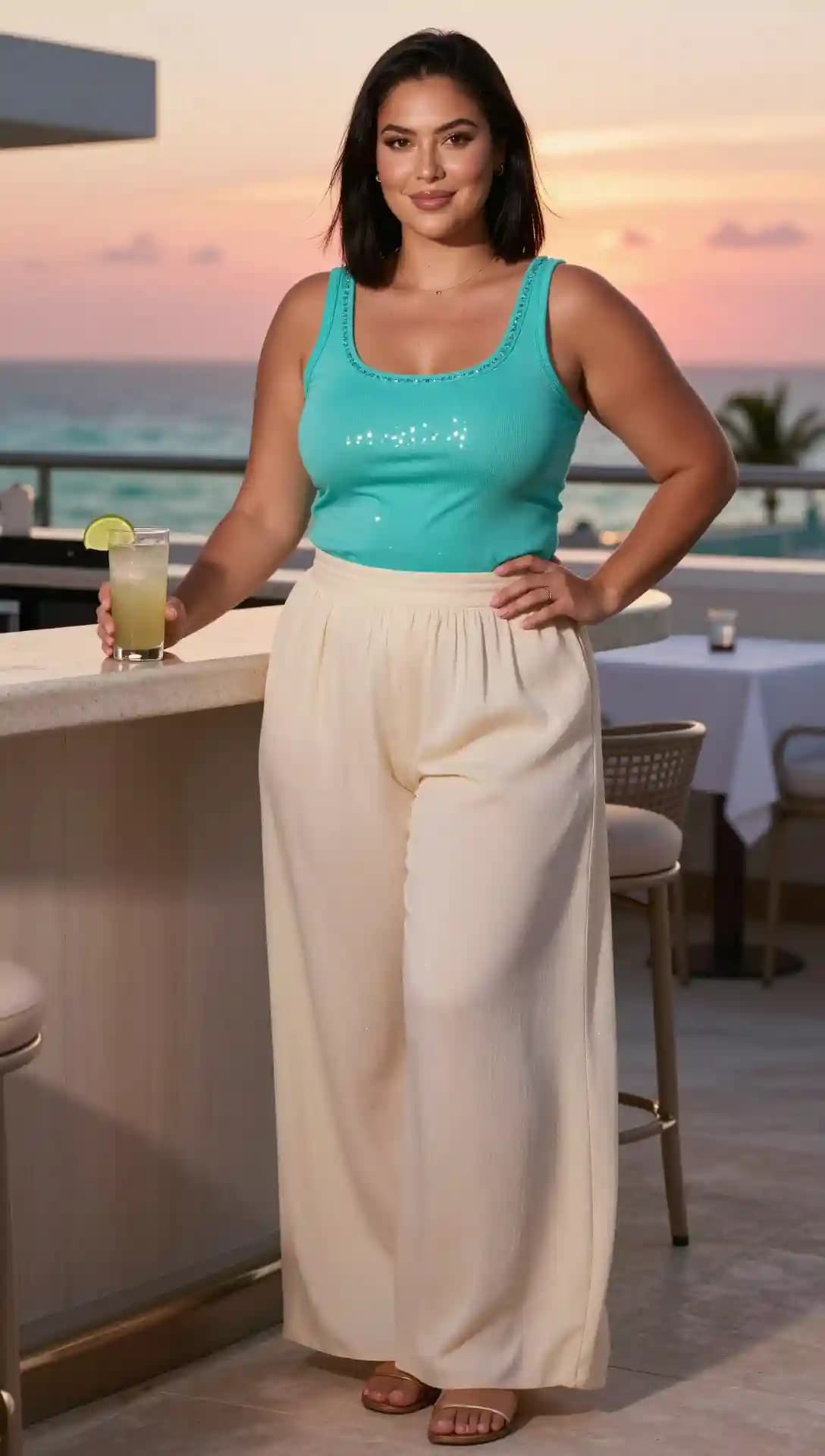 Teal Sequin Tank Top + Cream Linen Wide-Leg Pants