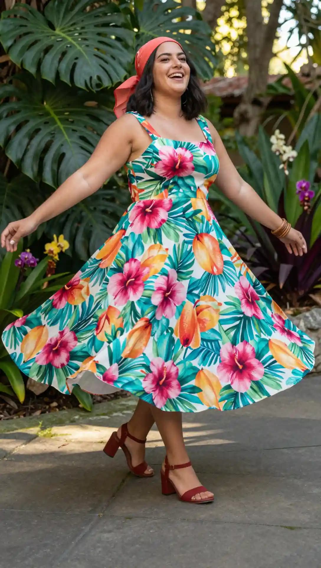 White Floral Print Cotton Dress + Coral Bandana
