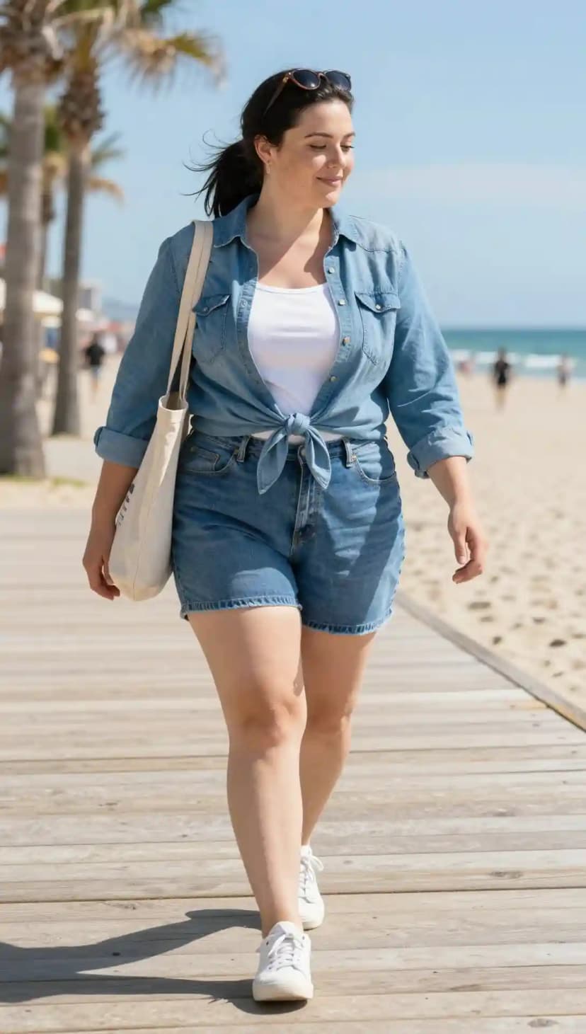 Denim Shirt + White Tank Top + Denim Shorts