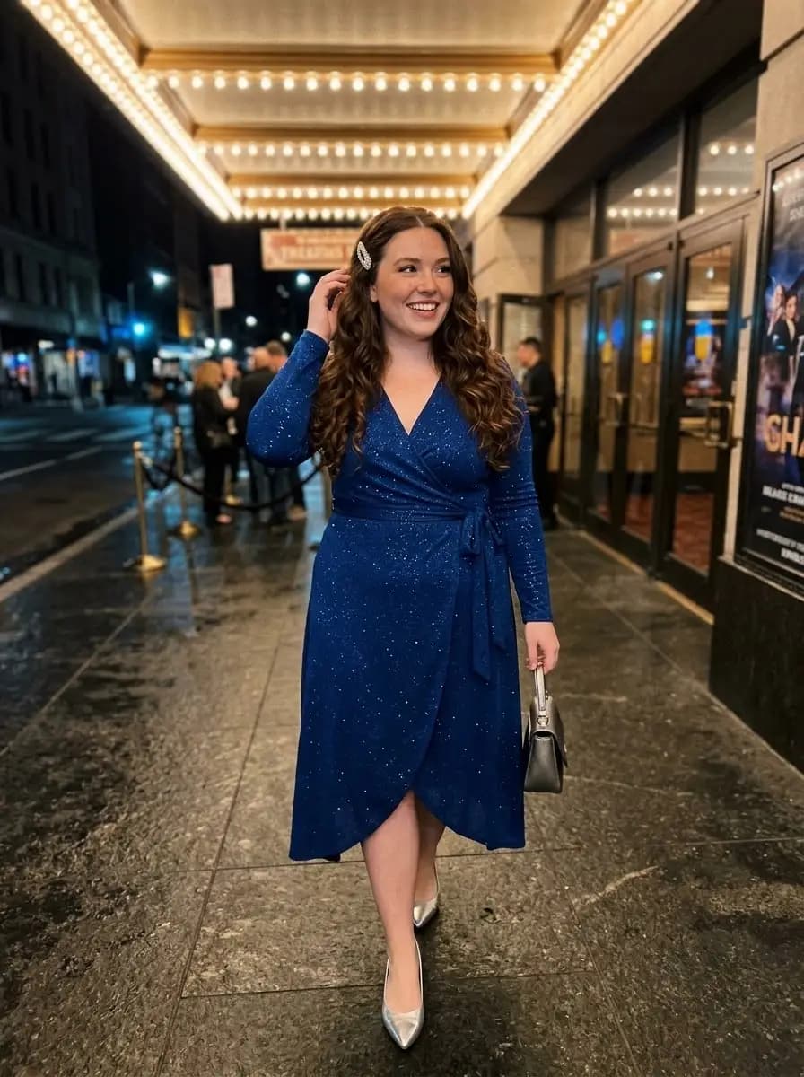 Royal-Blue Shimmer Wrap Midi Dress with Asymmetrical Hem