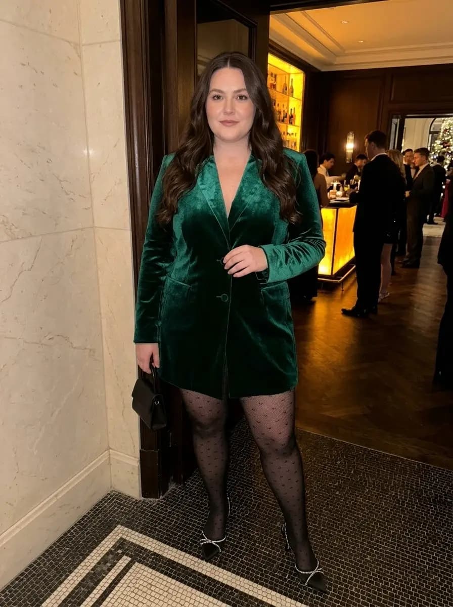 Emerald-Green Velvet Tailored Blazer Dress with Dotted Tights