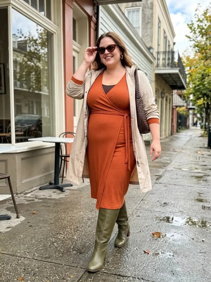 Tan Knit Midi Dress with Cream Lightweight Trench Coat