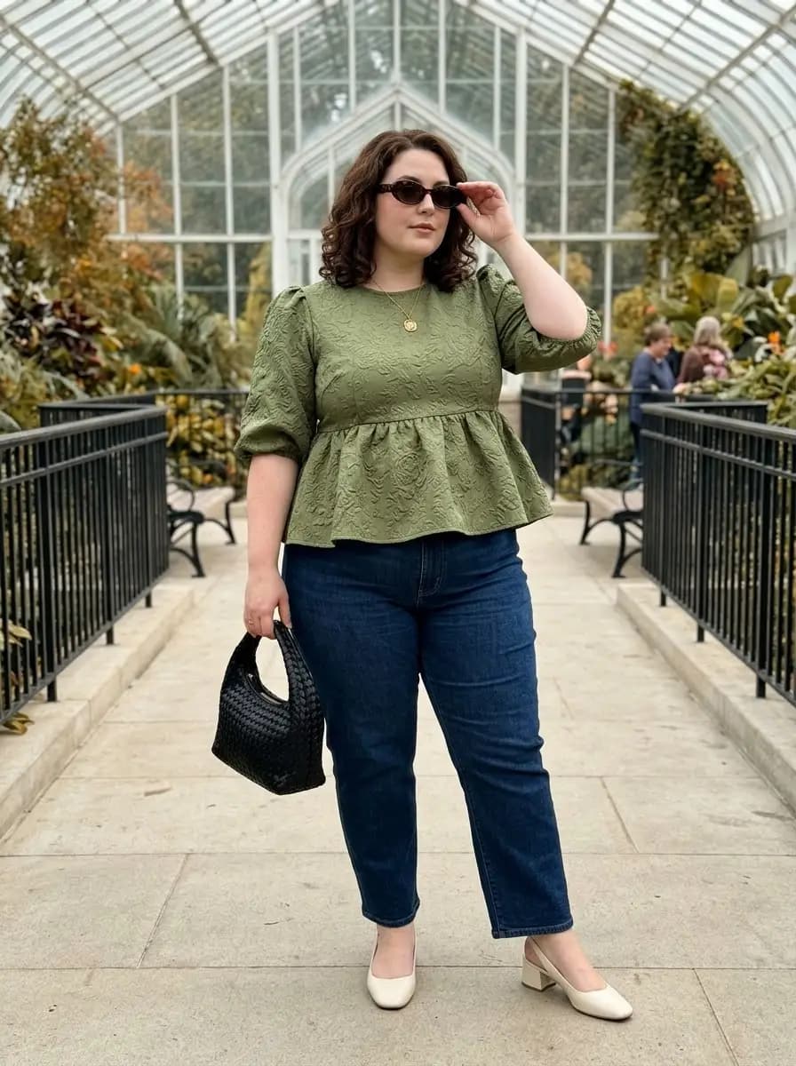 Olive Peplum Top with Dark-Wash Straight-Leg Jeans