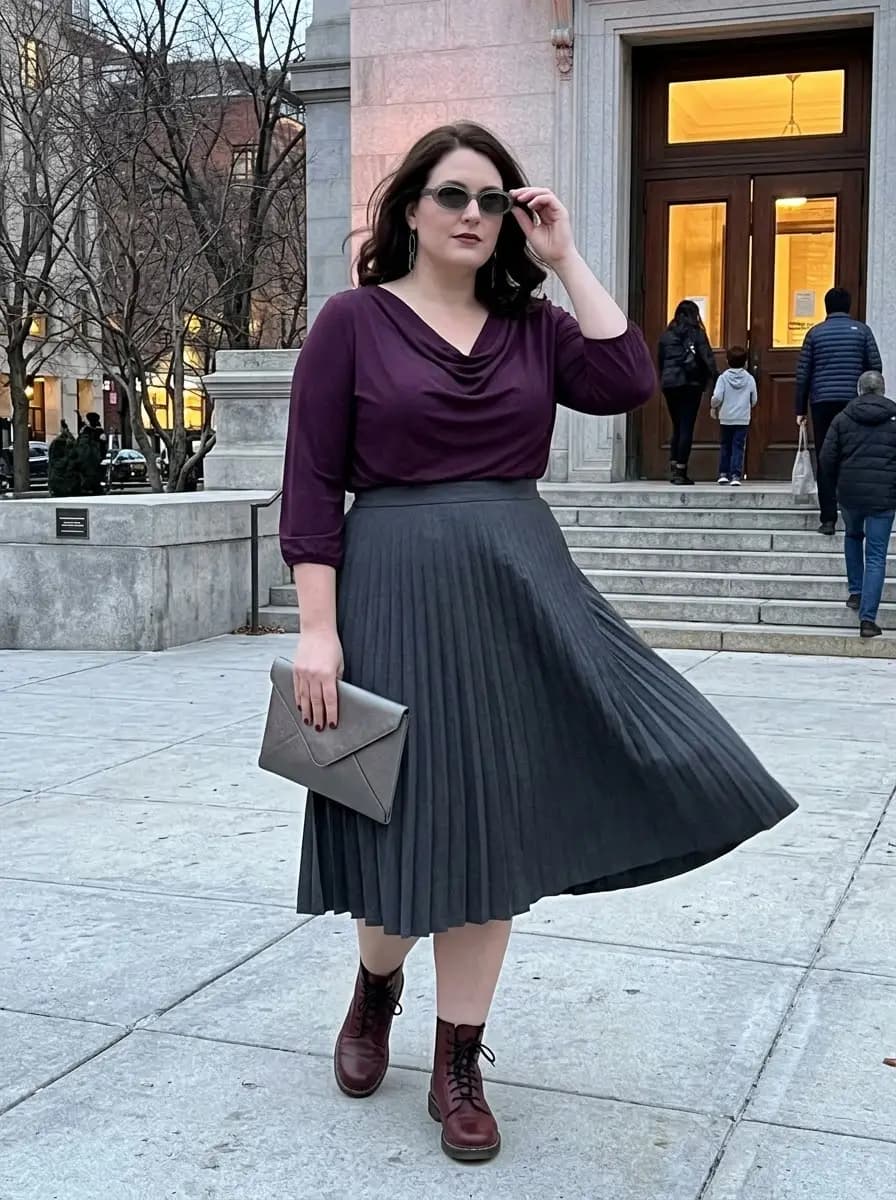 Plum Cowl-Neck Top with Charcoal Pleated Midi Skirt