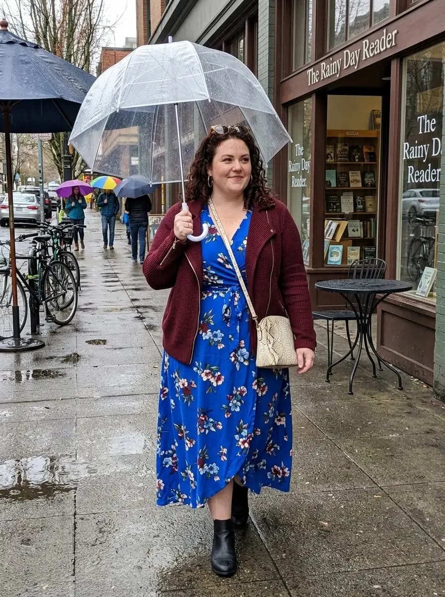 Maroon Ribbed-Knit Jacket with Blue Floral Wrap Dress
