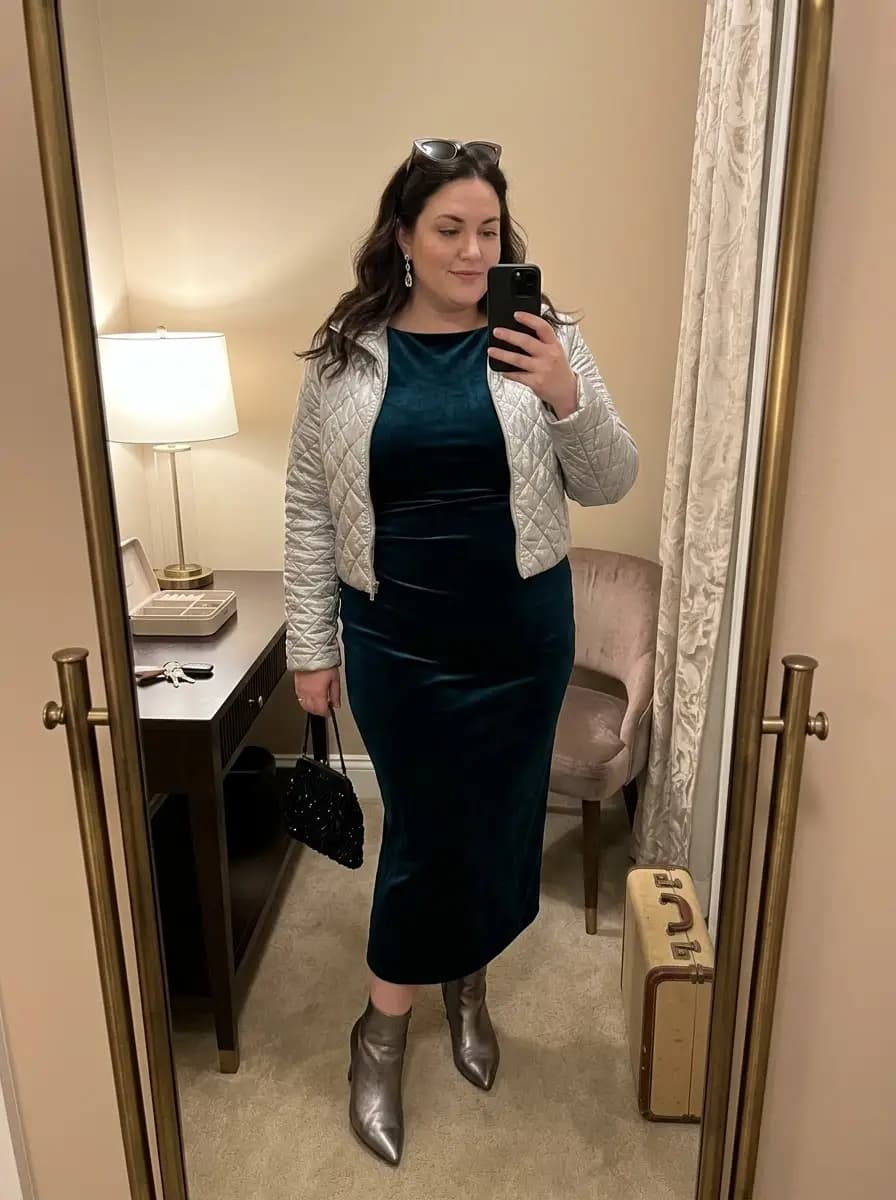 Silver Quilted Jacket with Teal Velvet Midi Dress