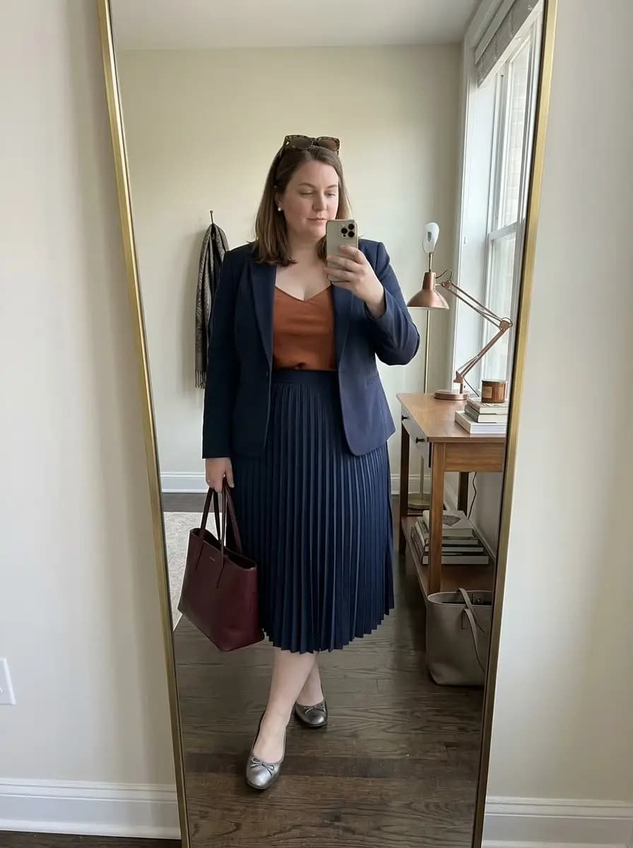 Rust Cami Top, Navy Blazer, and Navy Pleated Midi Skirt