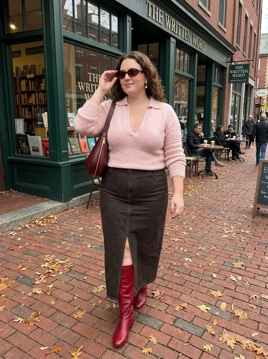 Pink V-Neck Sweater with Dark Brown Denim Maxi Skirt