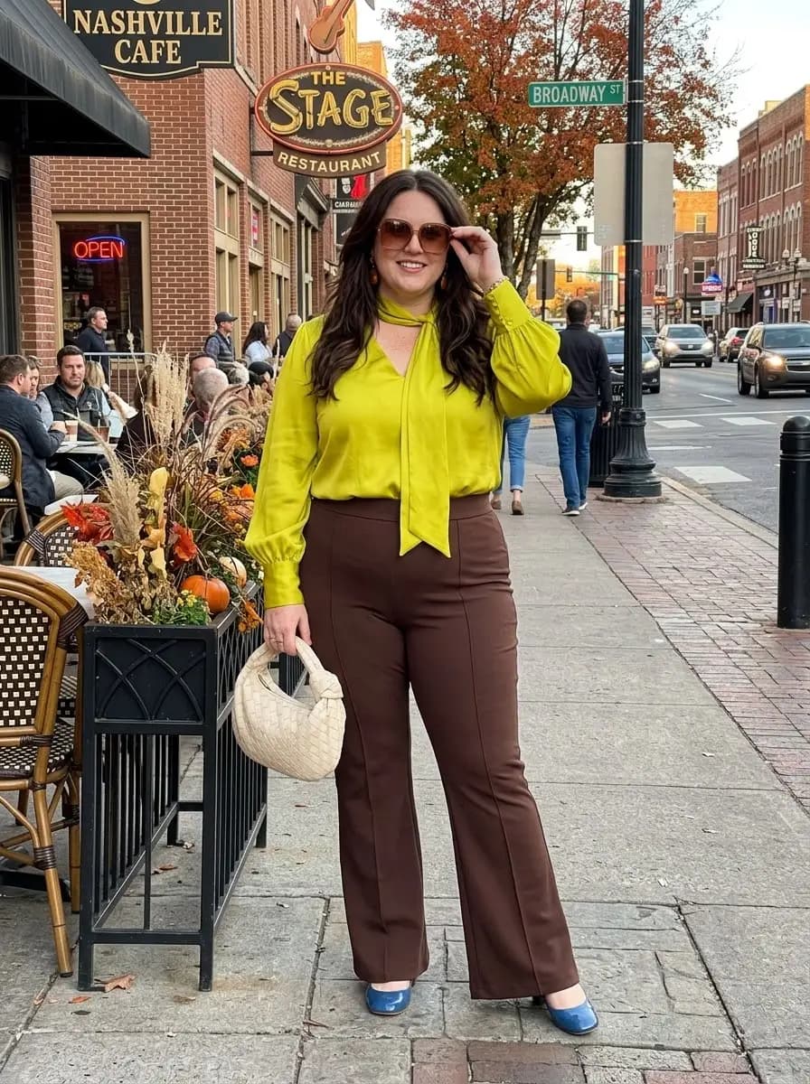 Lime-Green Blouse with Brown Flared Trousers