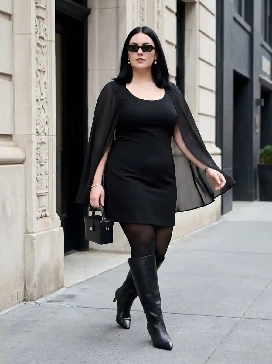 Black Cape Mini Dress with Knee-High Boots
