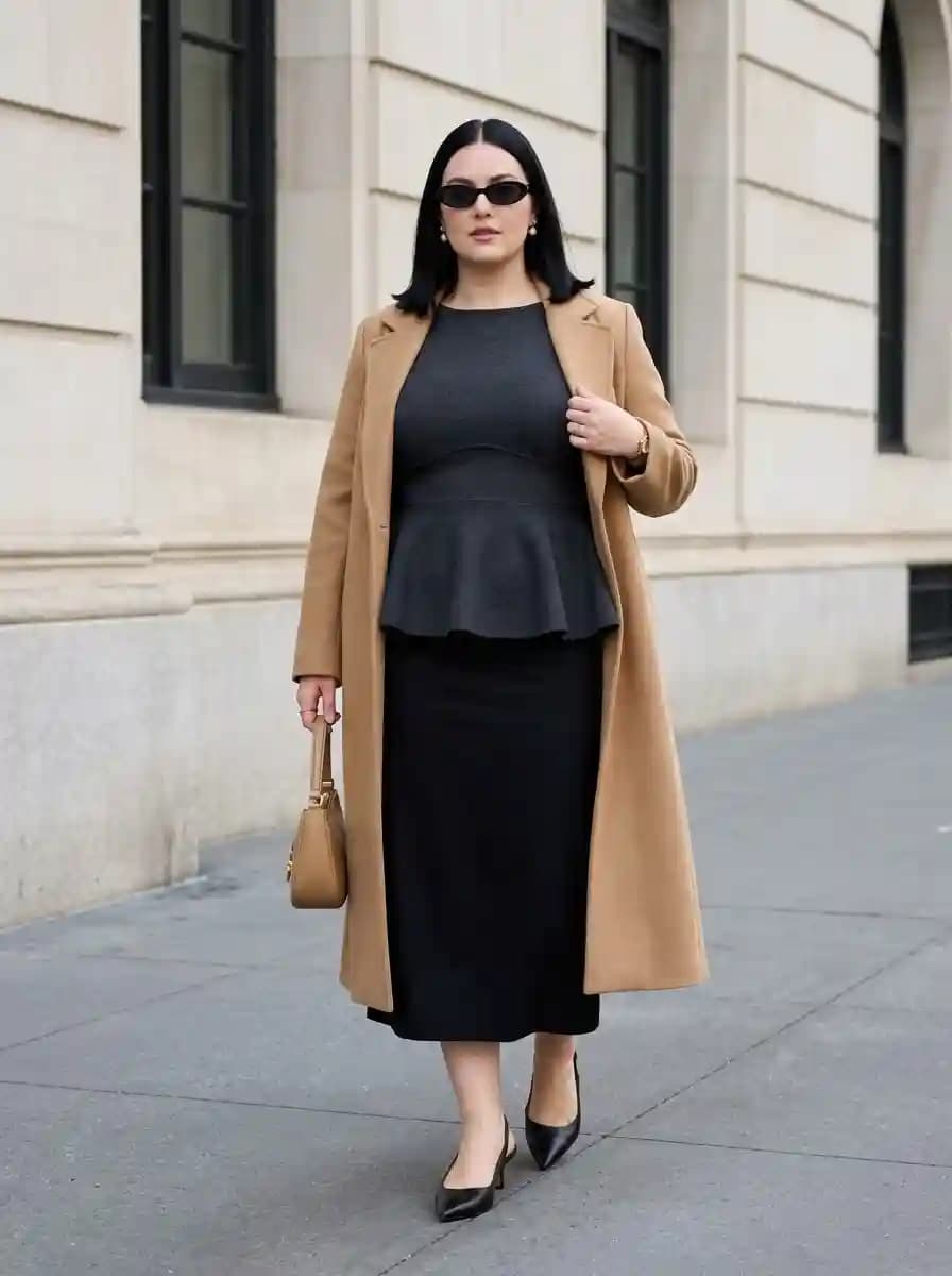 Black Peplum Top with a Midi Skirt and Camel Coat