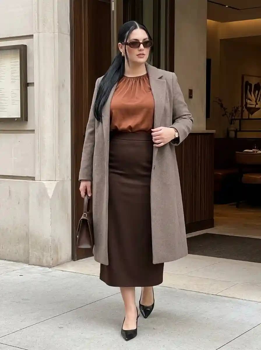 Rust Satin Blouse with Chocolate Midi Skirt and Taupe Coat
