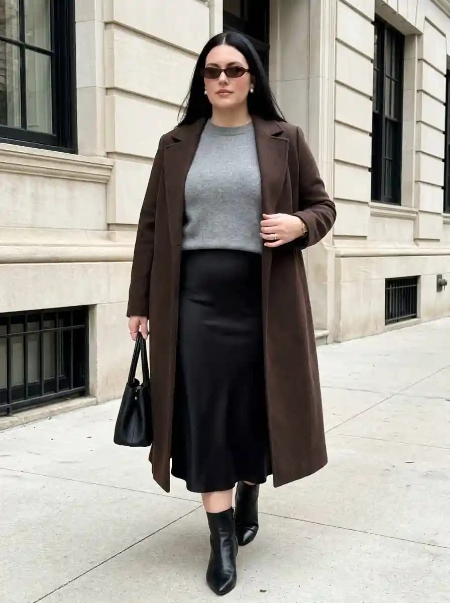 Grey Knit with Black Satin Midi Skirt and Chocolate Coat