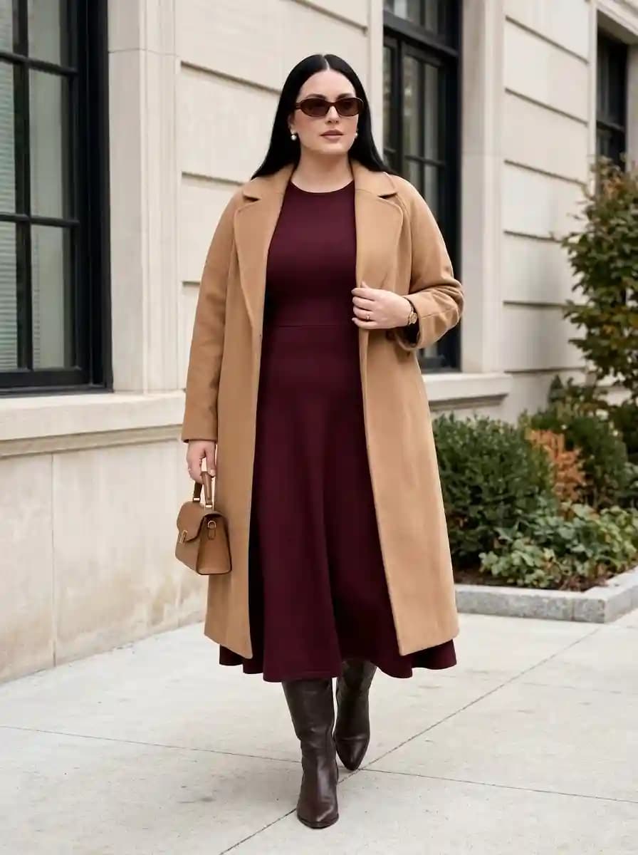 Burgundy Midi Dress with Camel Coat and Tall Brown Boots