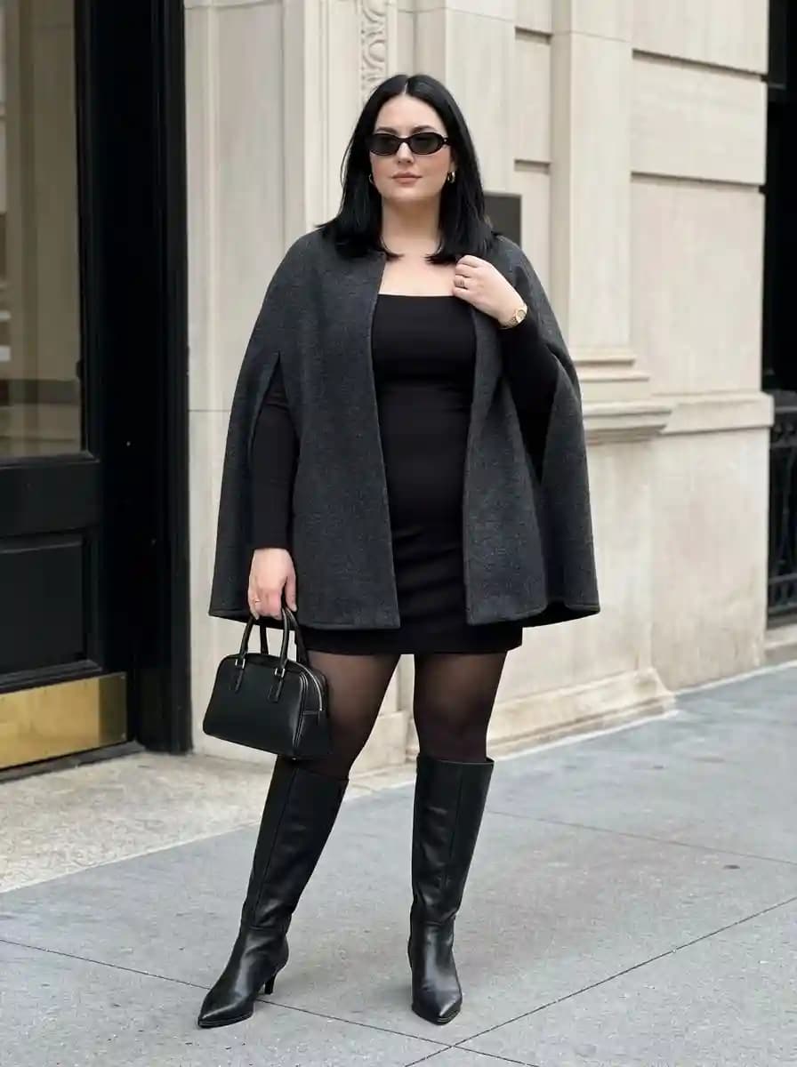 Black Mini Dress with Charcoal Cape and Knee-High Boots