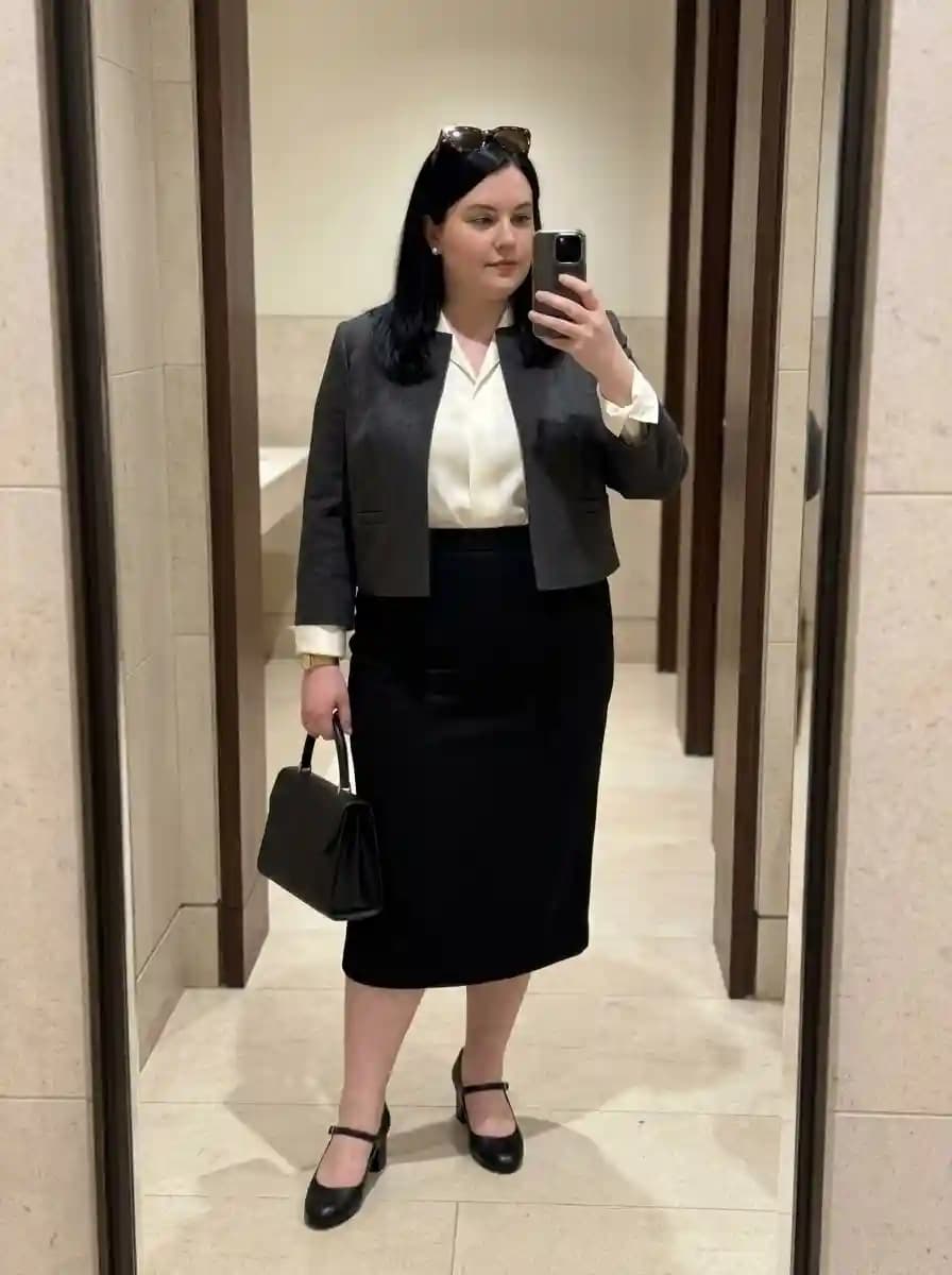 White Blouse with Black Midi Skirt and Cropped Charcoal Blazer