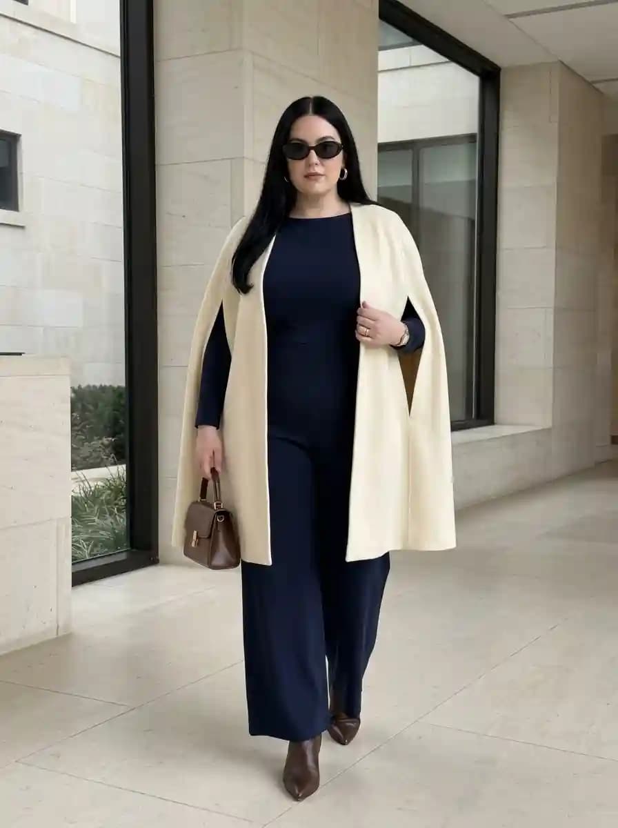 Navy Jumpsuit with Ivory Cape and Brown Accessories