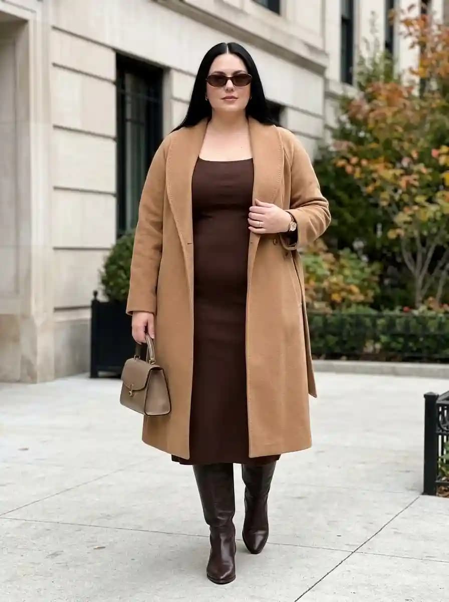 Chocolate Midi Dress with Camel Coat and Tall Brown Boots
