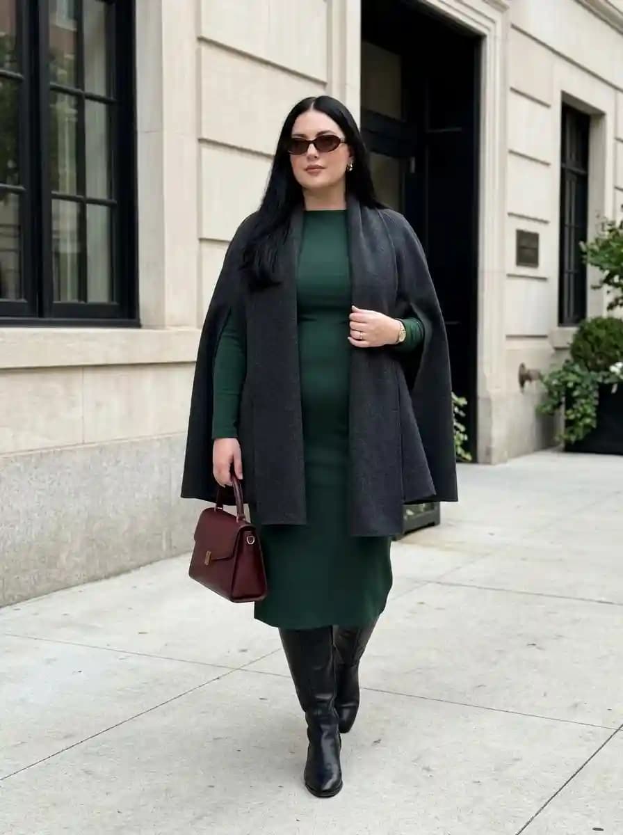 Forest Green Midi Dress with Charcoal Cape