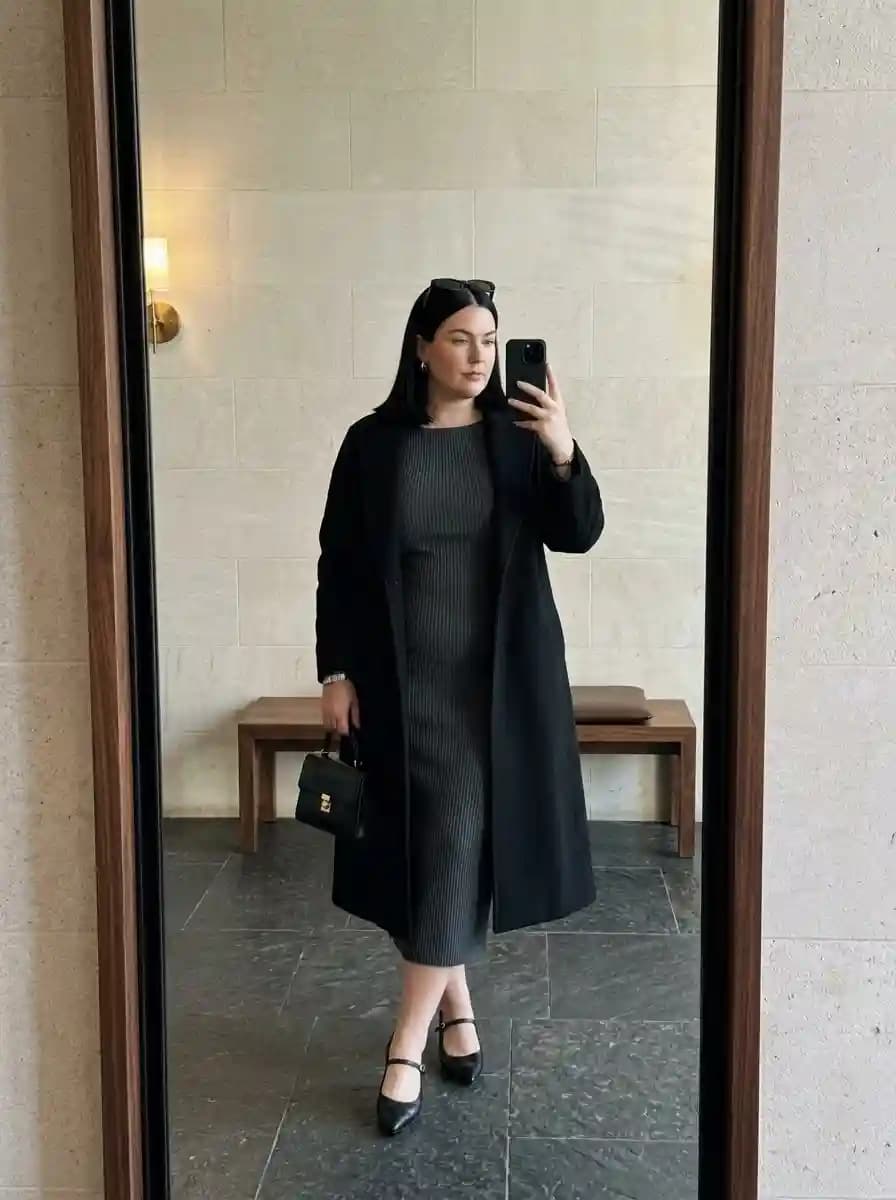Charcoal Ribbed Midi Dress with Long Black Coat