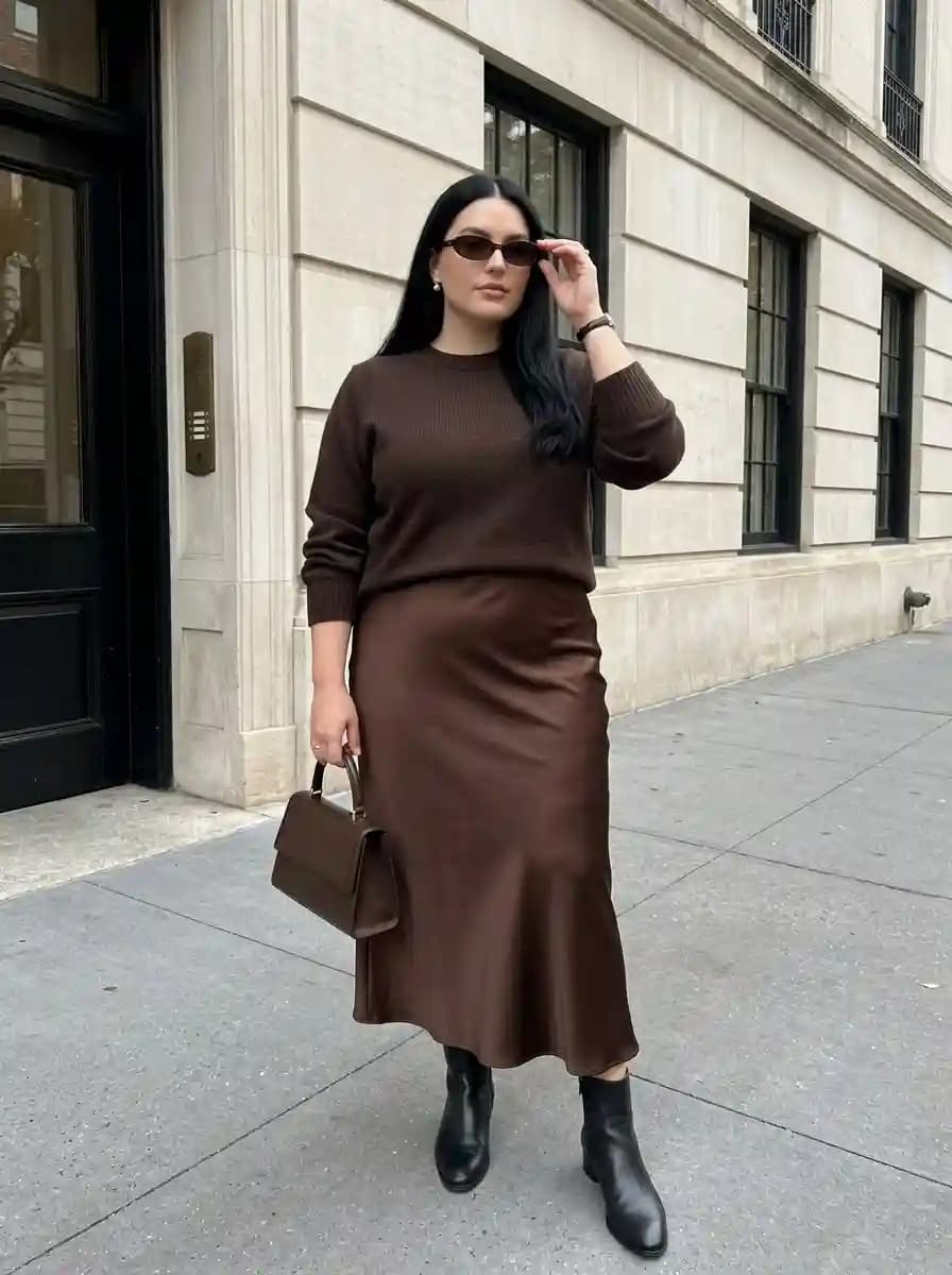 Chocolate Sweater with a Matching Satin Midi Skirt