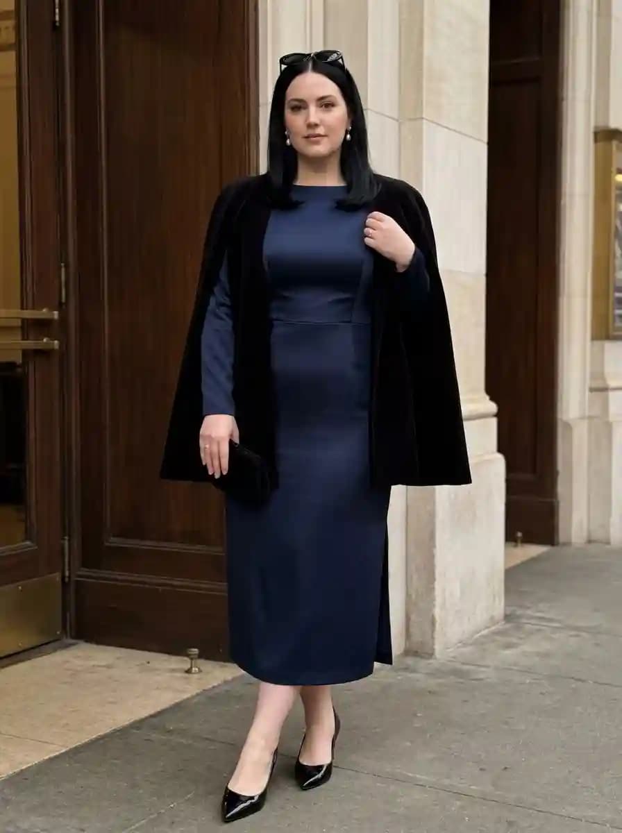 Navy Column Dress with a Black Cape