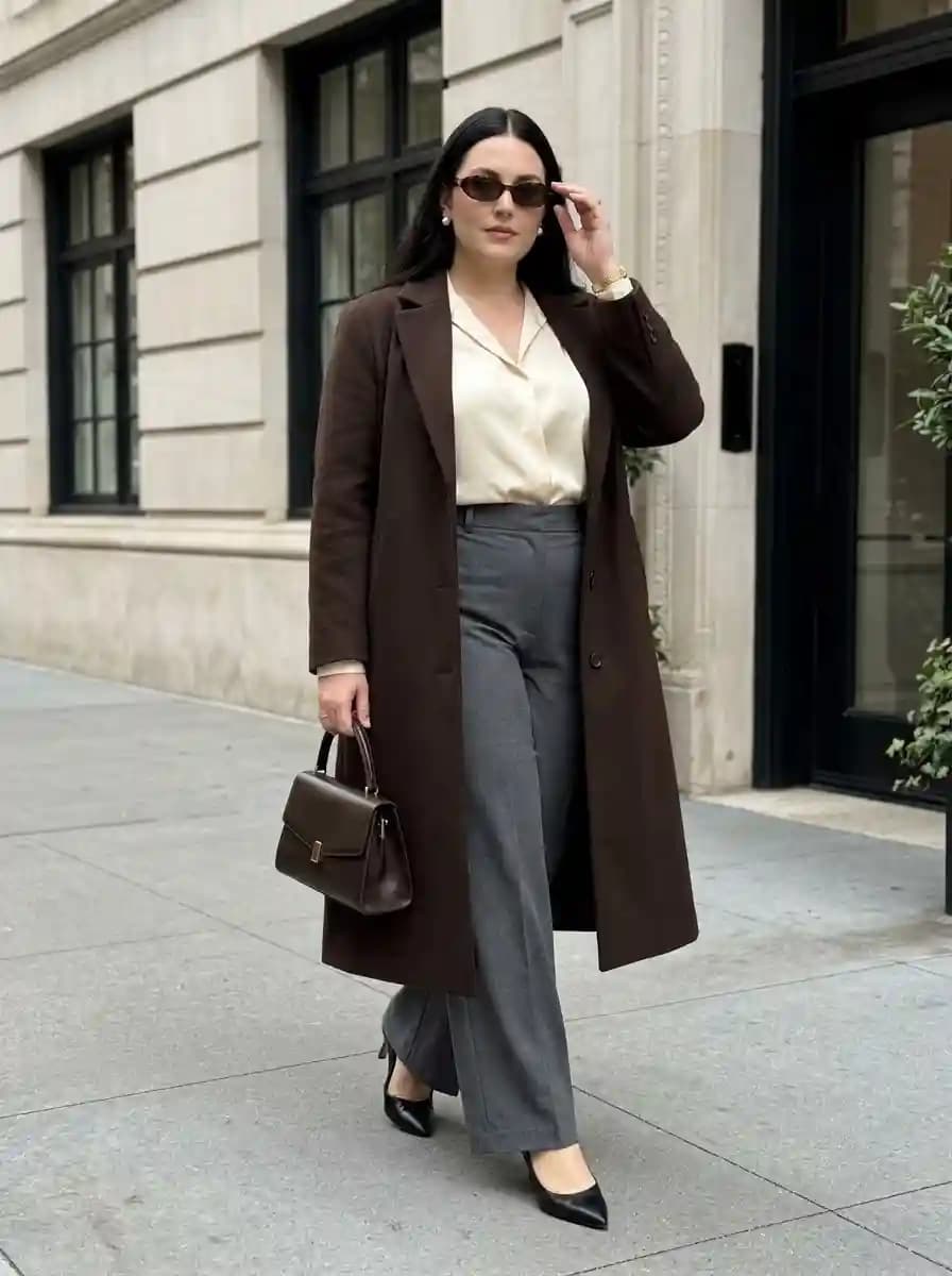 Cream Blouse with Grey Wide-Leg Trousers and a Chocolate Coat