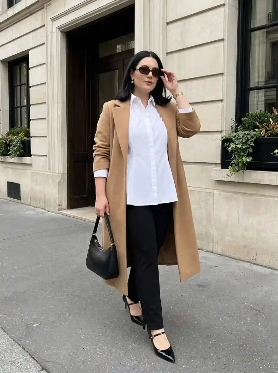 Crisp White Shirt with Black Trousers and a Camel Coat