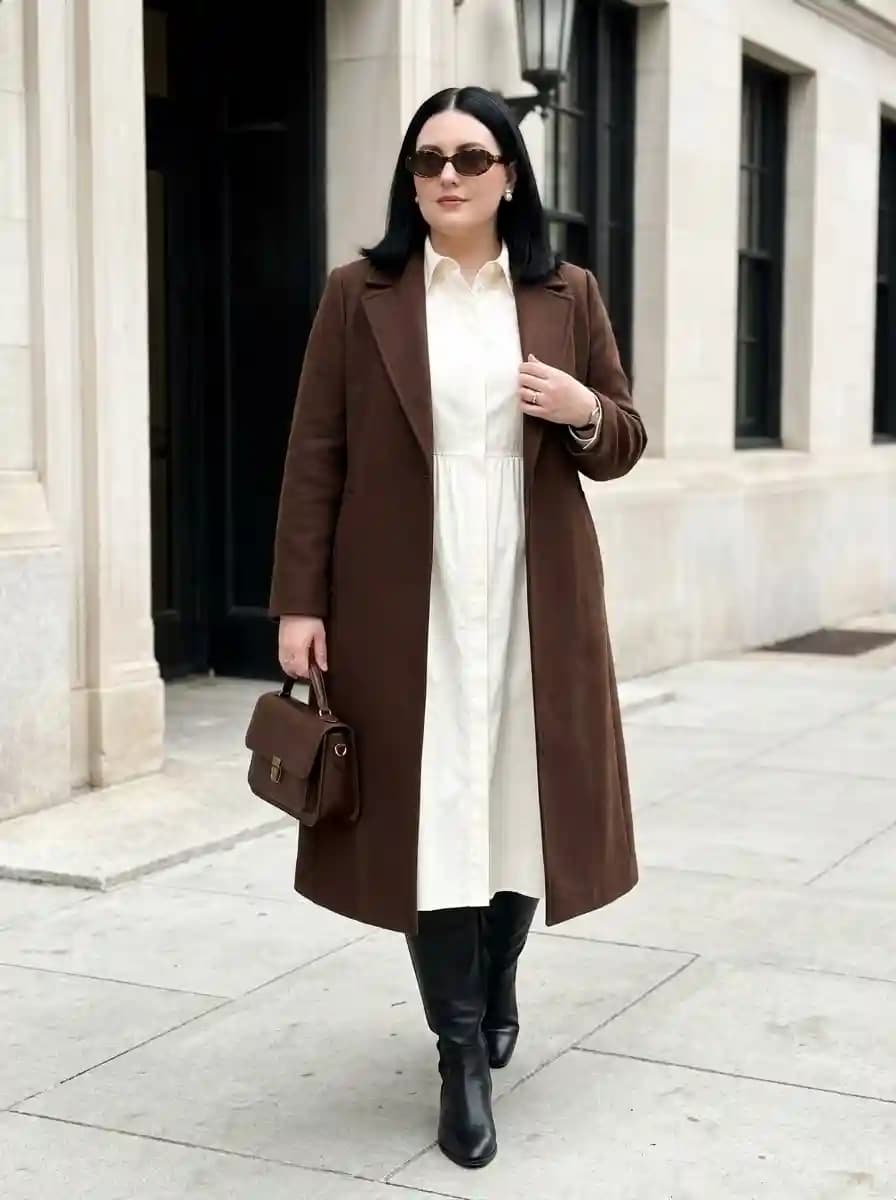 Cream Shirt Dress with a Chocolate Long Coat and Tall Boots