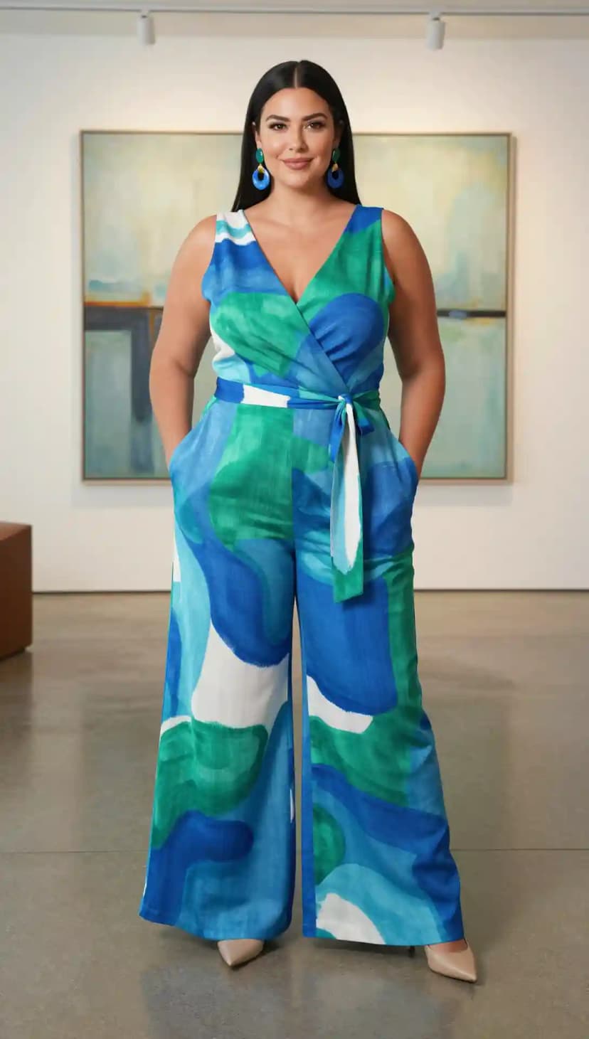 Blue Abstract Print Linen Jumpsuit