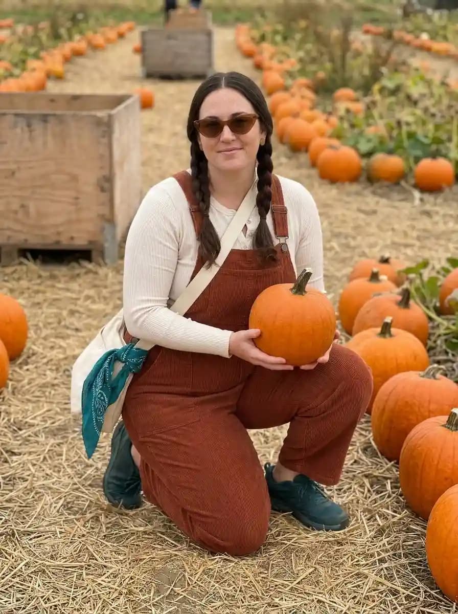 Rust Corduroy Overalls with a Cream Ribbed Top